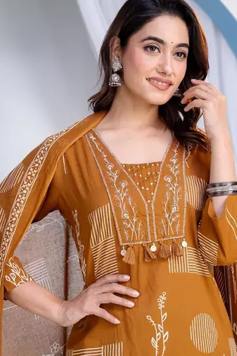 Beautiful jaipuri a women's mustard cotton printed kurti set with a dupatta