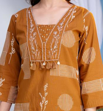 Beautiful jaipuri a women's mustard cotton printed kurti set with a dupatta 4