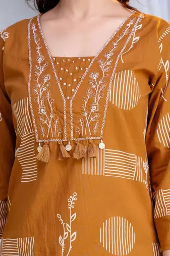 Beautiful jaipuri a women's mustard cotton printed kurti set with a dupatta