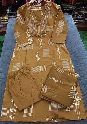 Beautiful jaipuri a women's mustard cotton printed kurti set with a dupatta 5