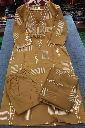 Beautiful jaipuri a women's mustard cotton printed kurti set with a dupatta