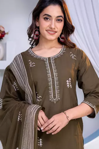 Beautiful jaipuri a women's choclate brown cotton printed kurti set with a dupatta