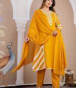 Beautiful jaipuri a yellow lehriya printed indian kurta set with a matching dupatta and pants