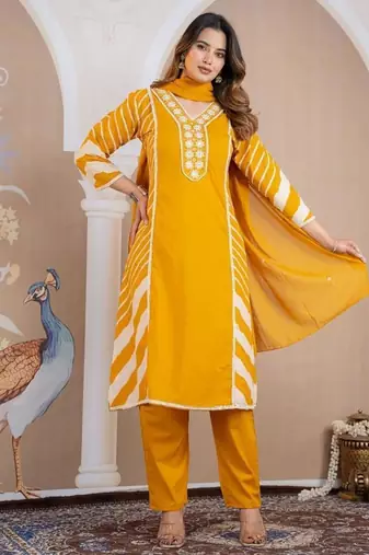 Beautiful jaipuri a yellow lehriya printed indian kurta set with a matching dupatta and pants