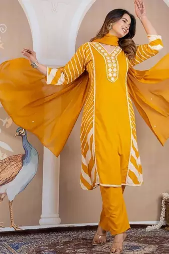 Beautiful jaipuri a yellow lehriya printed indian kurta set with a matching dupatta and pants
