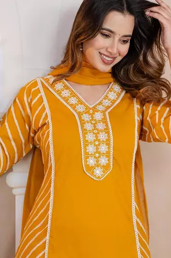 Beautiful jaipuri a yellow lehriya printed indian kurta set with a matching dupatta and pants