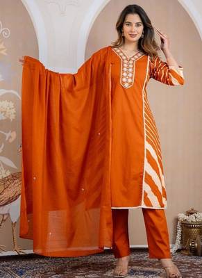 Beautiful jaipuri a mustard orange lehriya printed indian kurta set with a matching dupatta and pants 1