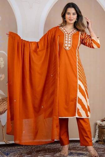 Beautiful jaipuri a mustard orange lehriya printed indian kurta set with a matching dupatta and pants