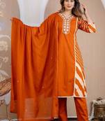 Beautiful jaipuri a mustard orange lehriya printed indian kurta set with a matching dupatta and pants