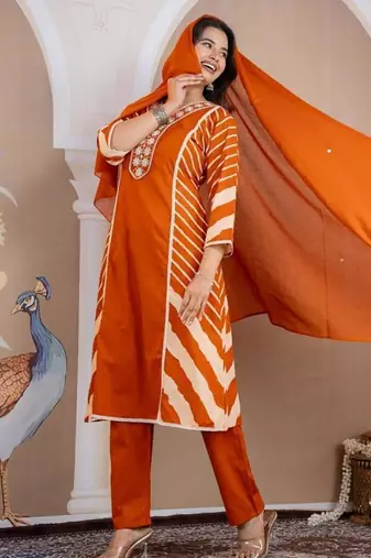 Beautiful jaipuri a mustard orange lehriya printed indian kurta set with a matching dupatta and pants