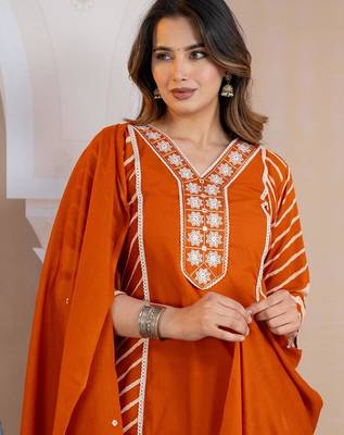 Beautiful jaipuri a mustard orange lehriya printed indian kurta set with a matching dupatta and pants 3