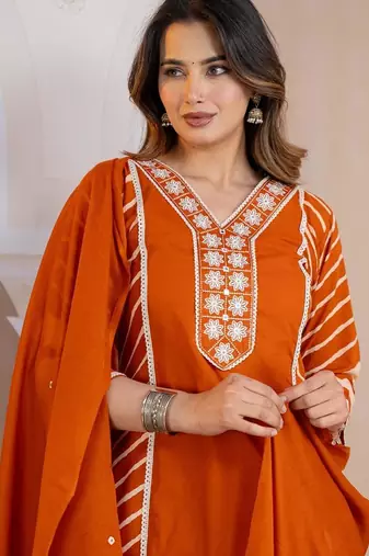 Beautiful jaipuri a mustard orange lehriya printed indian kurta set with a matching dupatta and pants