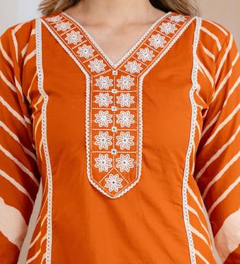 Beautiful jaipuri a mustard orange lehriya printed indian kurta set with a matching dupatta and pants 4