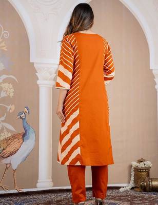 Beautiful jaipuri a mustard orange lehriya printed indian kurta set with a matching dupatta and pants 5