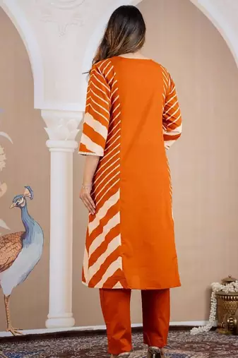 Beautiful jaipuri a mustard orange lehriya printed indian kurta set with a matching dupatta and pants