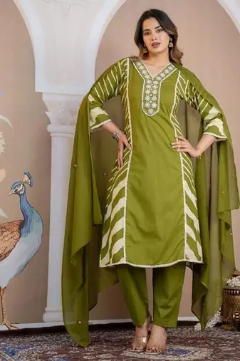 Beautiful jaipuri a green lehriya printed indian kurta set with a matching dupatta and pants