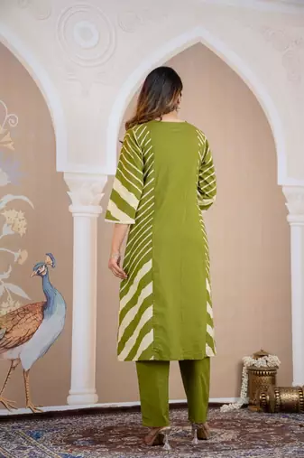 Beautiful jaipuri a green lehriya printed indian kurta set with a matching dupatta and pants