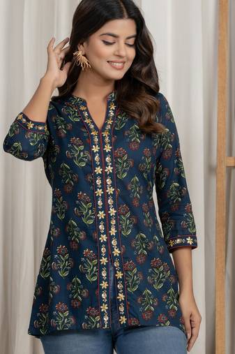Navy blue embroidered short kurti