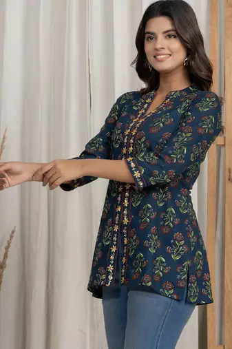 Navy blue embroidered short kurti