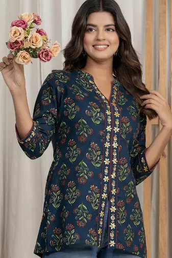 Navy blue embroidered short kurti