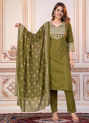 Beautiful jaipuri a mahendi green -colored women's ethnic wear kurta set with a geometric print 1