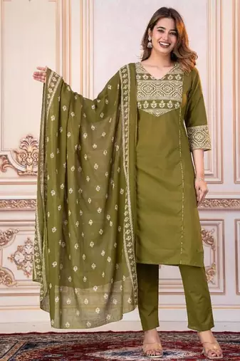 Beautiful jaipuri a mahendi green -colored women's ethnic wear kurta set with a geometric print