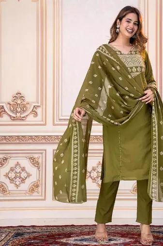 Beautiful jaipuri a mahendi green -colored women's ethnic wear kurta set with a geometric print