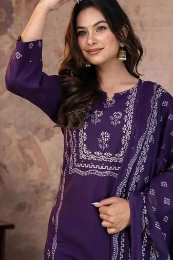 Beautiful jaipuri a purple-colored women's ethnic wear kurta set with a geometric print