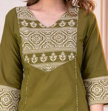 Beautiful jaipuri a mahendi green -colored women's ethnic wear kurta set with a geometric print 4