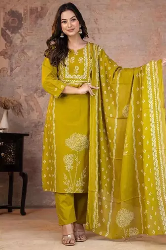 Beautiful jaipuri a yellow-colored women's ethnic wear kurta set with a geometric print