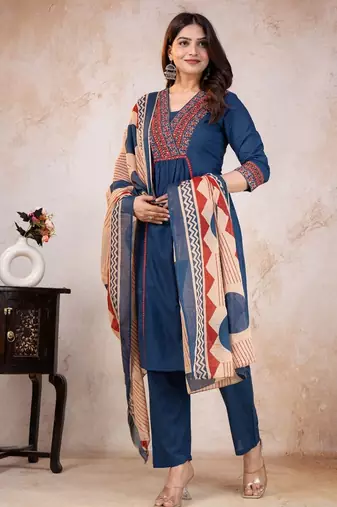 Beautiful jaipuri blue kurta set with a printed dupatta, a popular style of indian ethnic wear