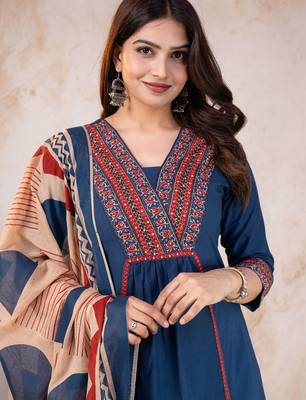 Beautiful jaipuri blue kurta set with a printed dupatta, a popular style of indian ethnic wear 3