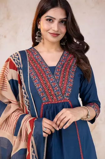 Beautiful jaipuri blue kurta set with a printed dupatta, a popular style of indian ethnic wear