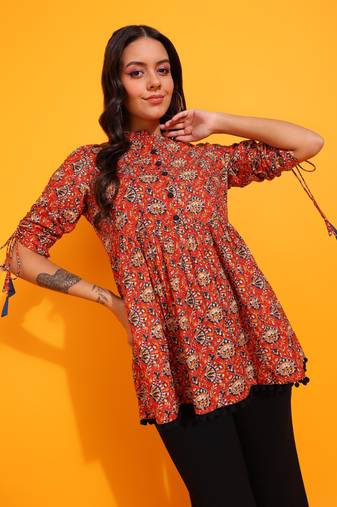  women's cotton floral print waist length drawstring sleeve mandarin collar short kurti (orange)