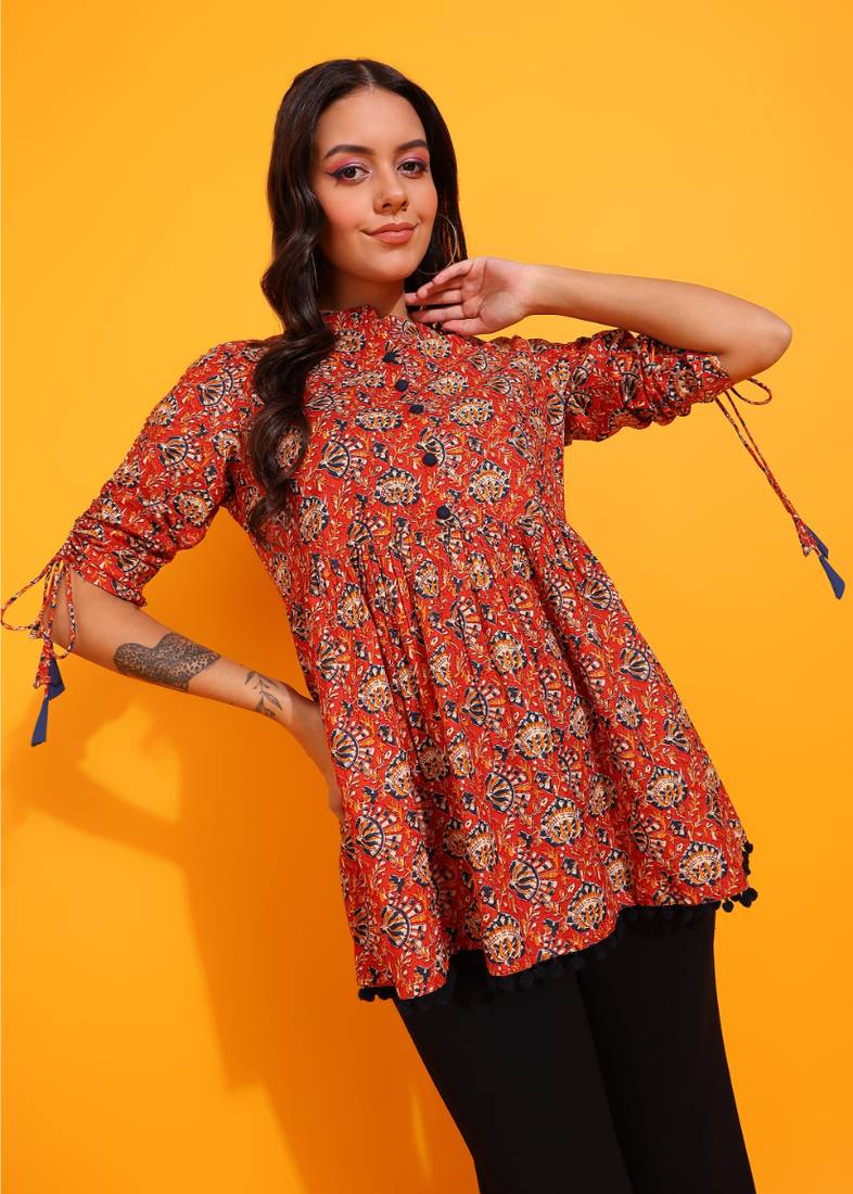  women's cotton floral print waist length drawstring sleeve mandarin collar short kurti (orange)