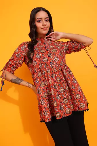  women's cotton floral print waist length drawstring sleeve mandarin collar short kurti (orange)
