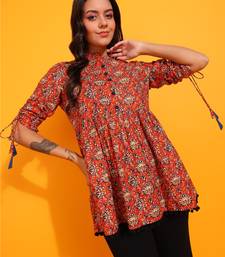  women's cotton floral print waist length drawstring sleeve mandarin collar short kurti (orange)