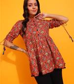  women's cotton floral print waist length drawstring sleeve mandarin collar short kurti (orange)