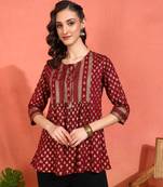  women   s rayon staple gold print a-line short kurti (wine)
