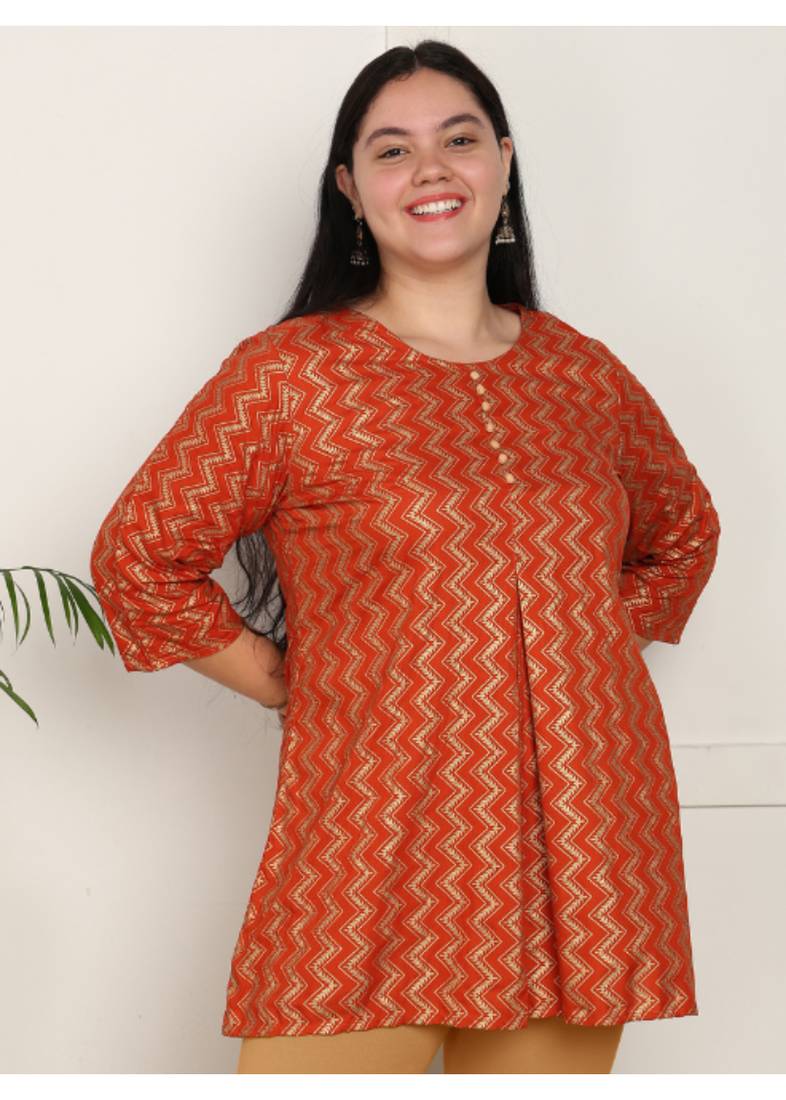 women's rayon staple plus size zig-zag print a-line short kurti (orange)