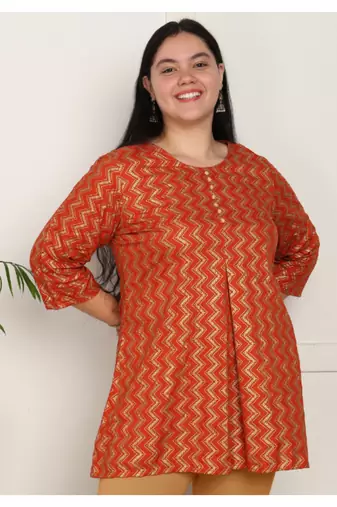  women's rayon staple plus size zig-zag print a-line short kurti (orange)