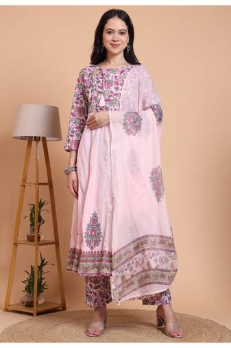 Yash gallery women's pink cotton dobby printed anarkali kurta set with pant & dupatta