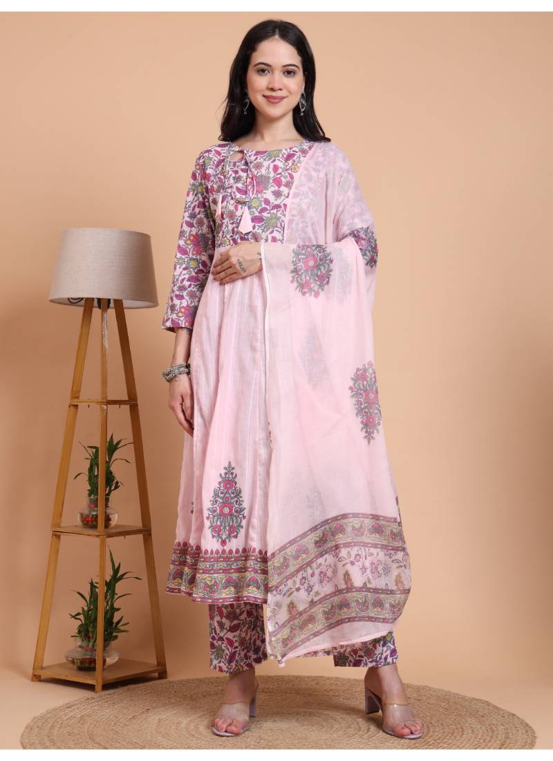 Yash gallery women's pink cotton dobby printed anarkali kurta set with pant & dupatta