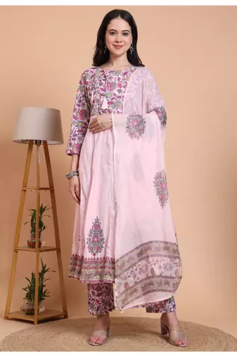 Yash gallery women's pink cotton dobby printed anarkali kurta set with pant & dupatta