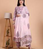 Yash gallery women's pink cotton dobby printed anarkali kurta set with pant & dupatta