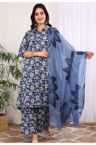  women's printed cotton calf length mandarin collar 3/4th sleeve straight kurta pant and duptta (indigo)