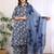  women's printed cotton calf length mandarin collar 3/4th sleeve straight kurta pant and duptta (indigo)