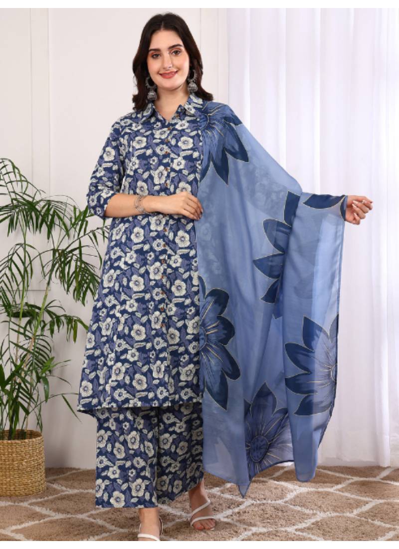  women's printed cotton calf length mandarin collar 3/4th sleeve straight kurta pant and duptta (indigo)