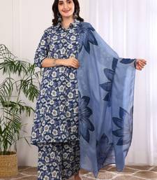  women's printed cotton calf length mandarin collar 3/4th sleeve straight kurta pant and duptta (indigo)