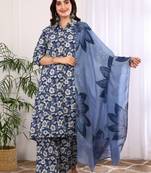  women's printed cotton calf length mandarin collar 3/4th sleeve straight kurta pant and duptta (indigo)